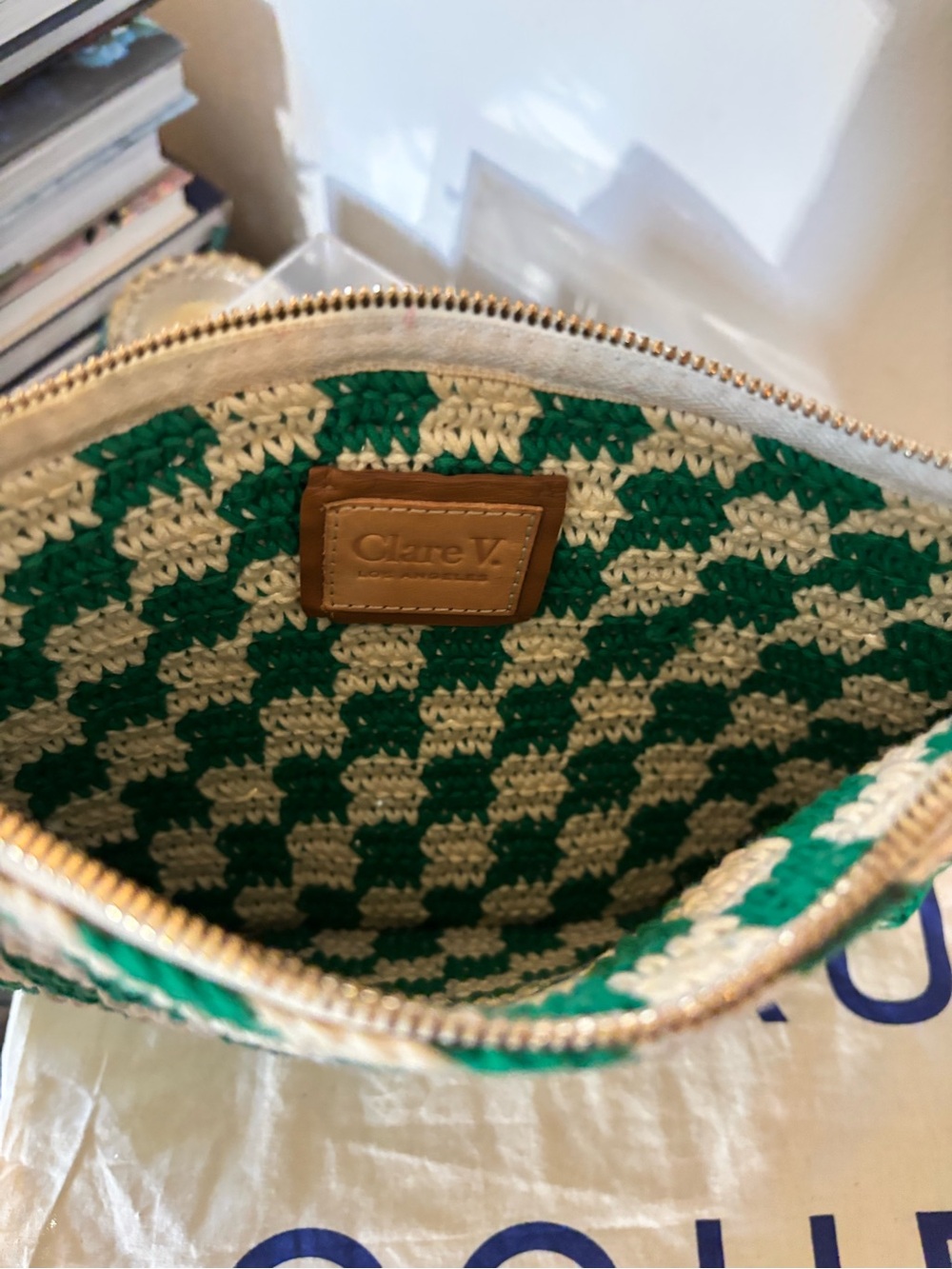 Clare V. Flat Clutch with Tabs in Sea Green & Cream Mini Crochet Checker - EUC - Picture 8 of 13